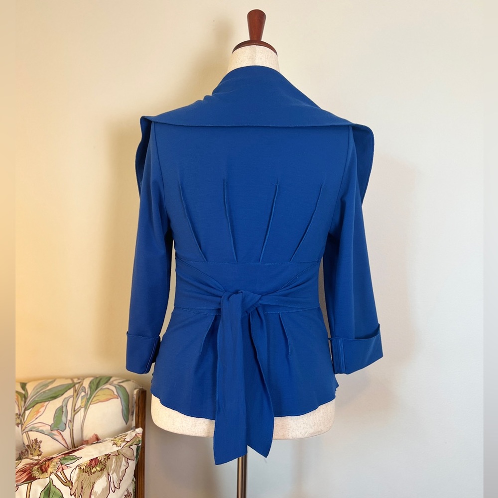 Luii Anthropologie blue Stretch Knit Sash Waist Funnel Neck Jacket Size S